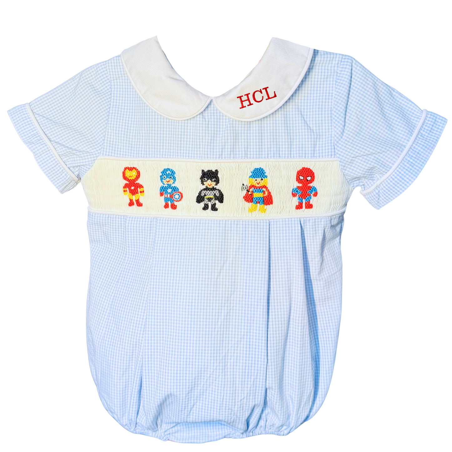 Smocked Blue & White Superhero Bubble