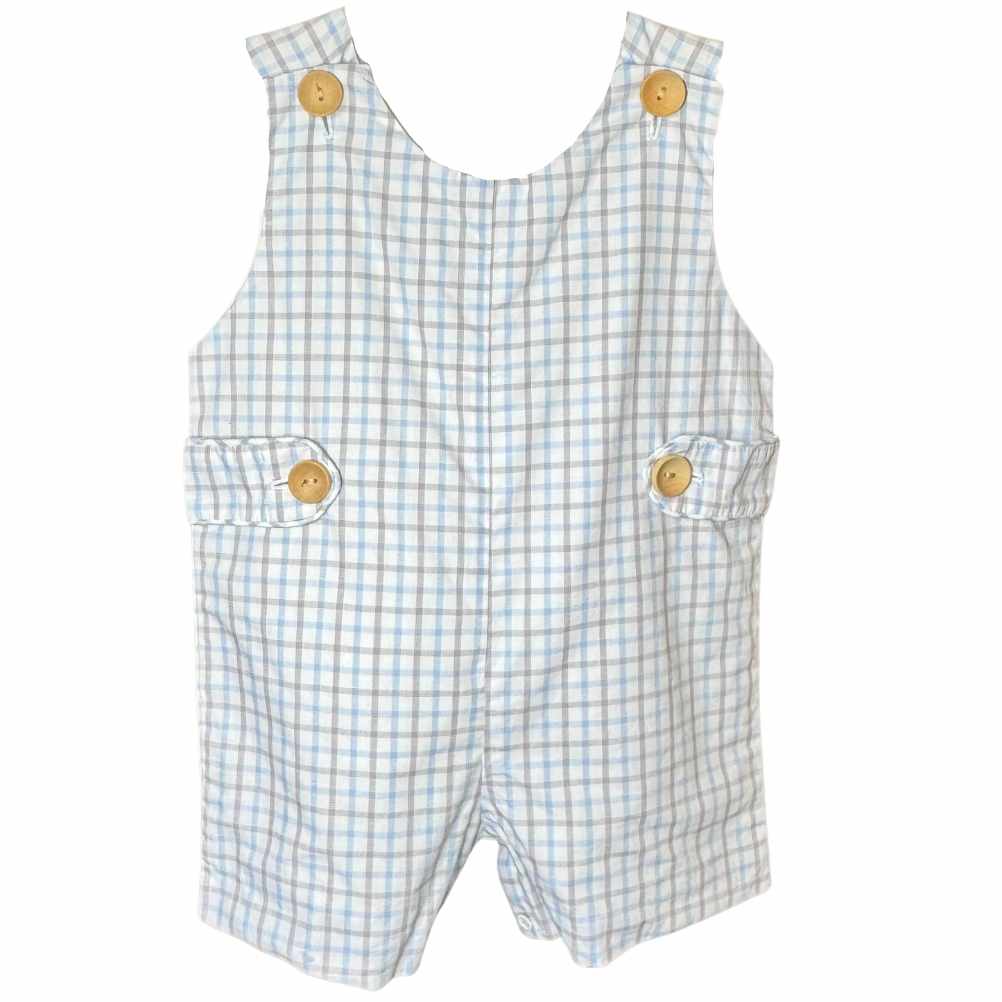 Blue & Tan Plaid Tab Shortall with Pumpkin Embroidery