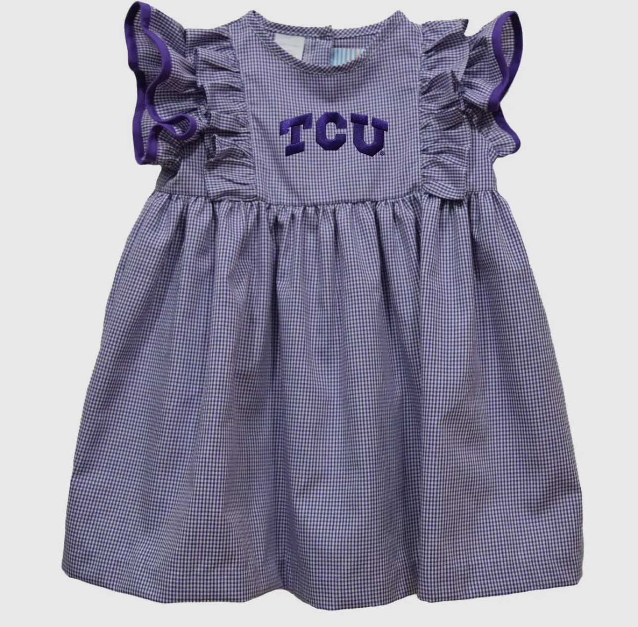 TCU Embroidered Gingham Girl's Ruffle Dress
