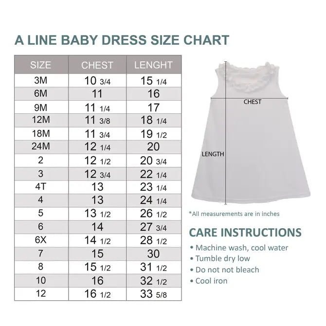 Baby dress size chart with measurements and care instructions on a white background