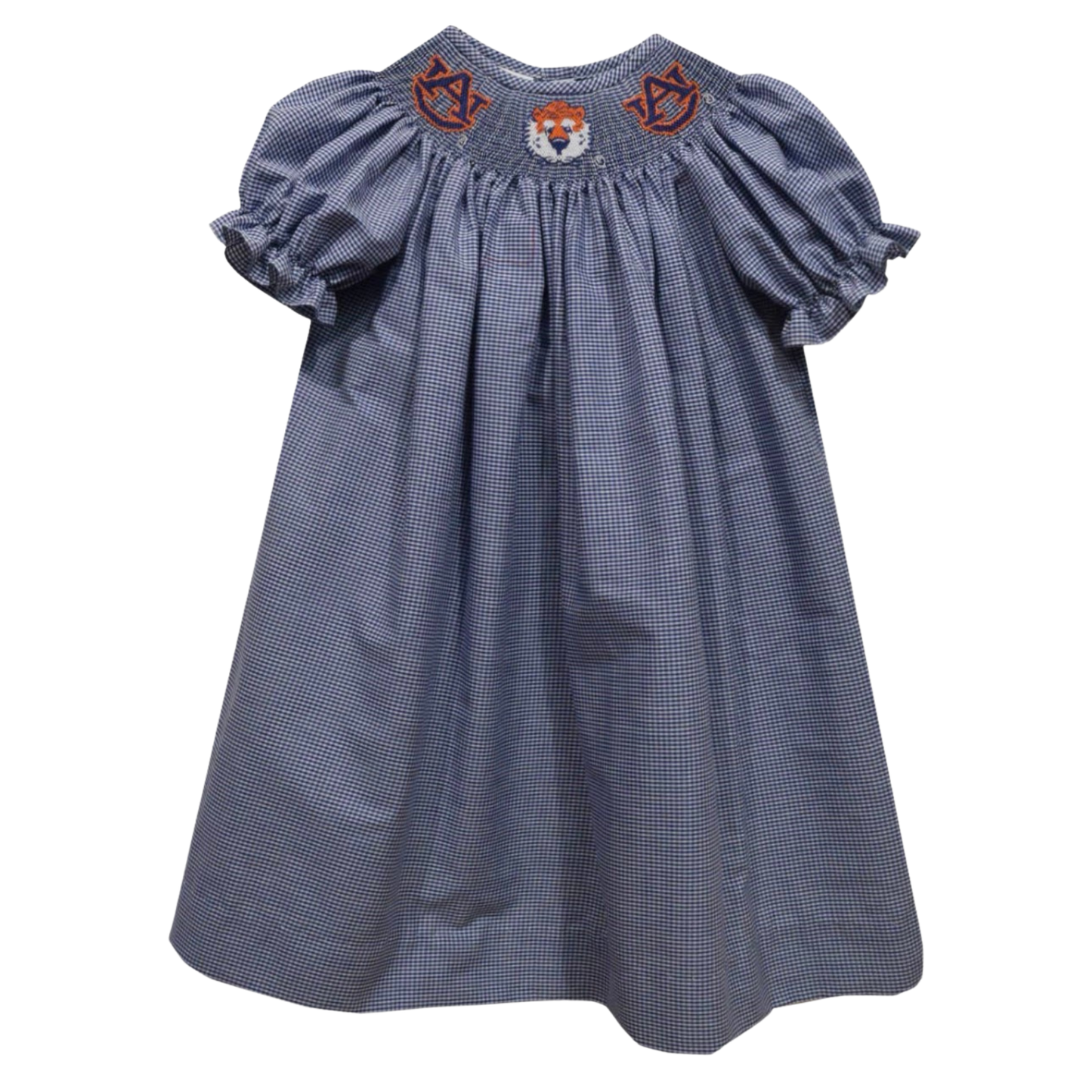 A baby girl's smocked dress in a blue and white gingham pattern, featuring puff sleeves and embroidered details on the chest including a central fox face and 'NY' monograms.