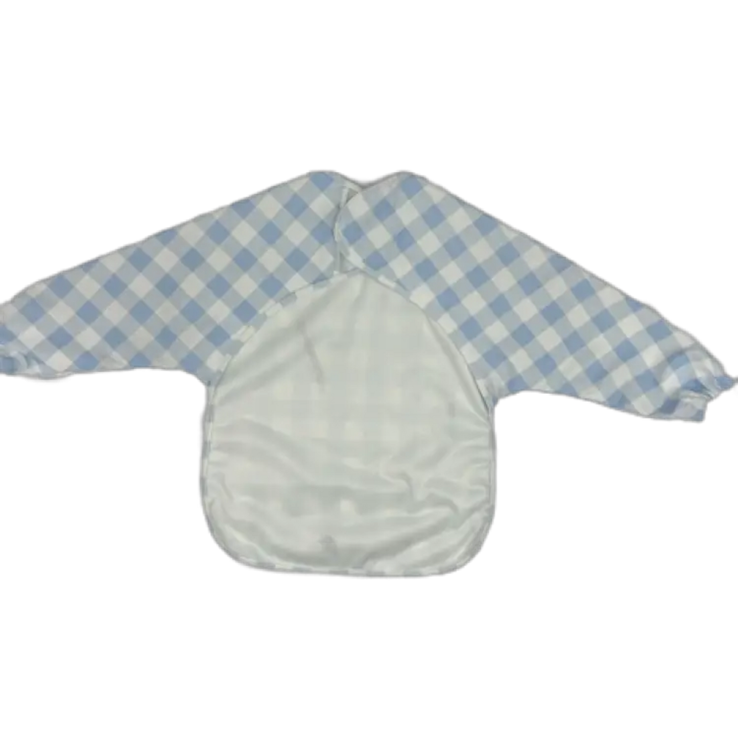 Baby bib with blue checkered sleeves on a white background