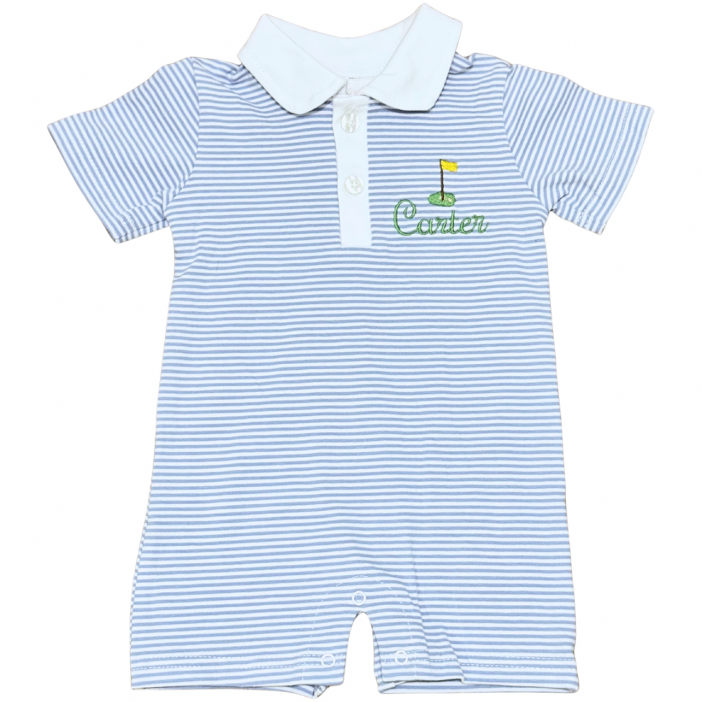 Blue and white stripe baby boy romper on white background