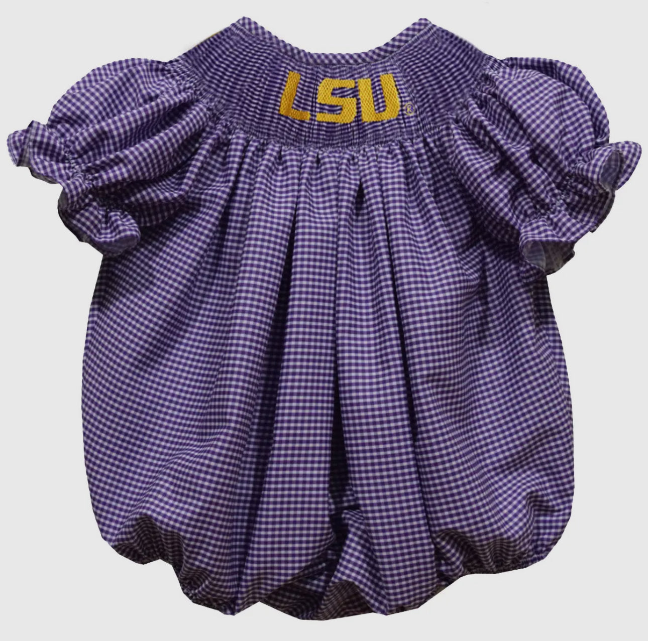LSU Tigers Smocked Short Sleeve Gingham Girls Bubble