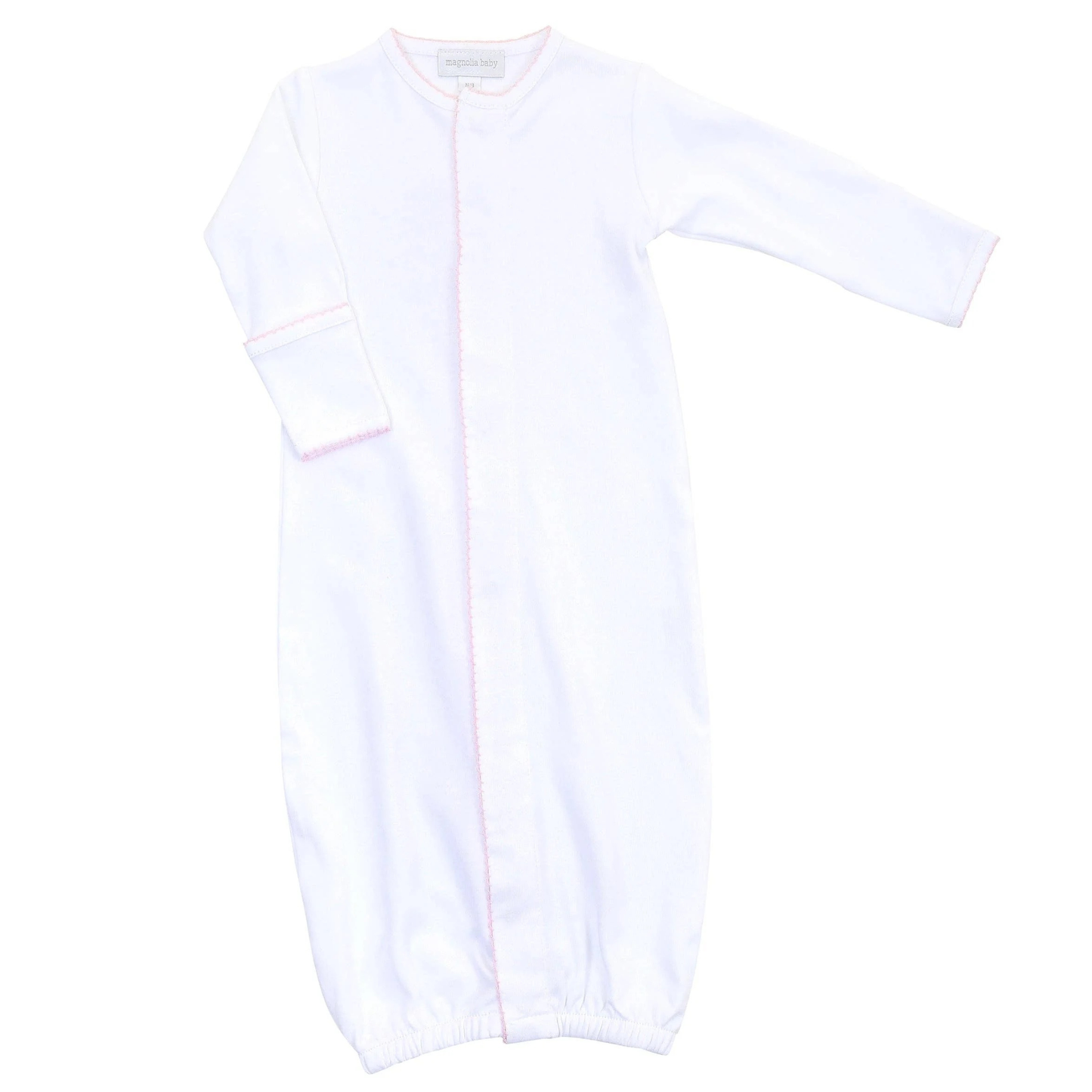 White baby gown with pink picot trim on a white background