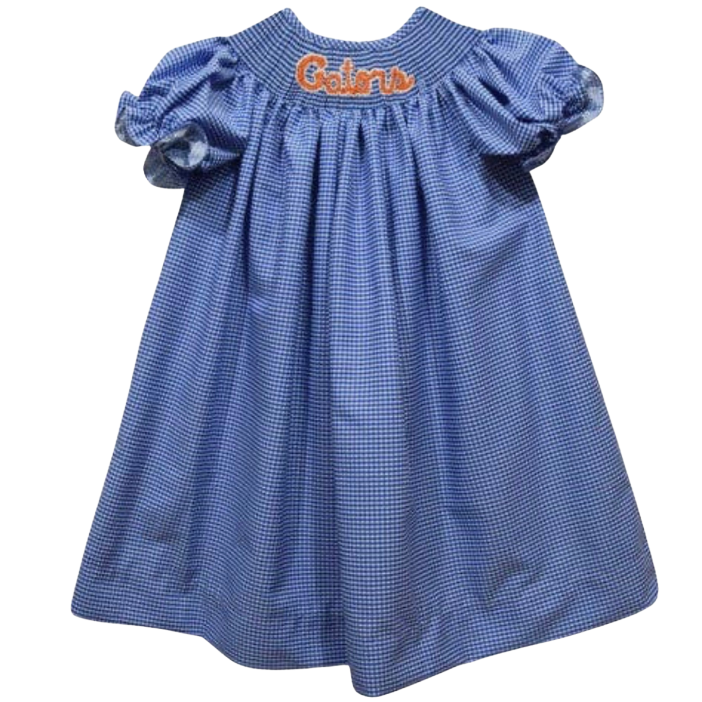 A blue and white gingham baby dress with short puff sleeves and 'Clemson' embroidered in orange on the back neckline, shown against a plain white background.