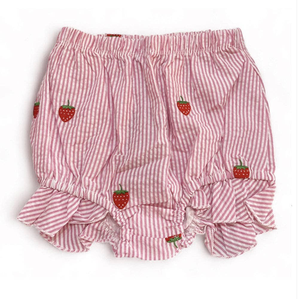Pink and white striped baby bloomers with strawberry designs on a white background