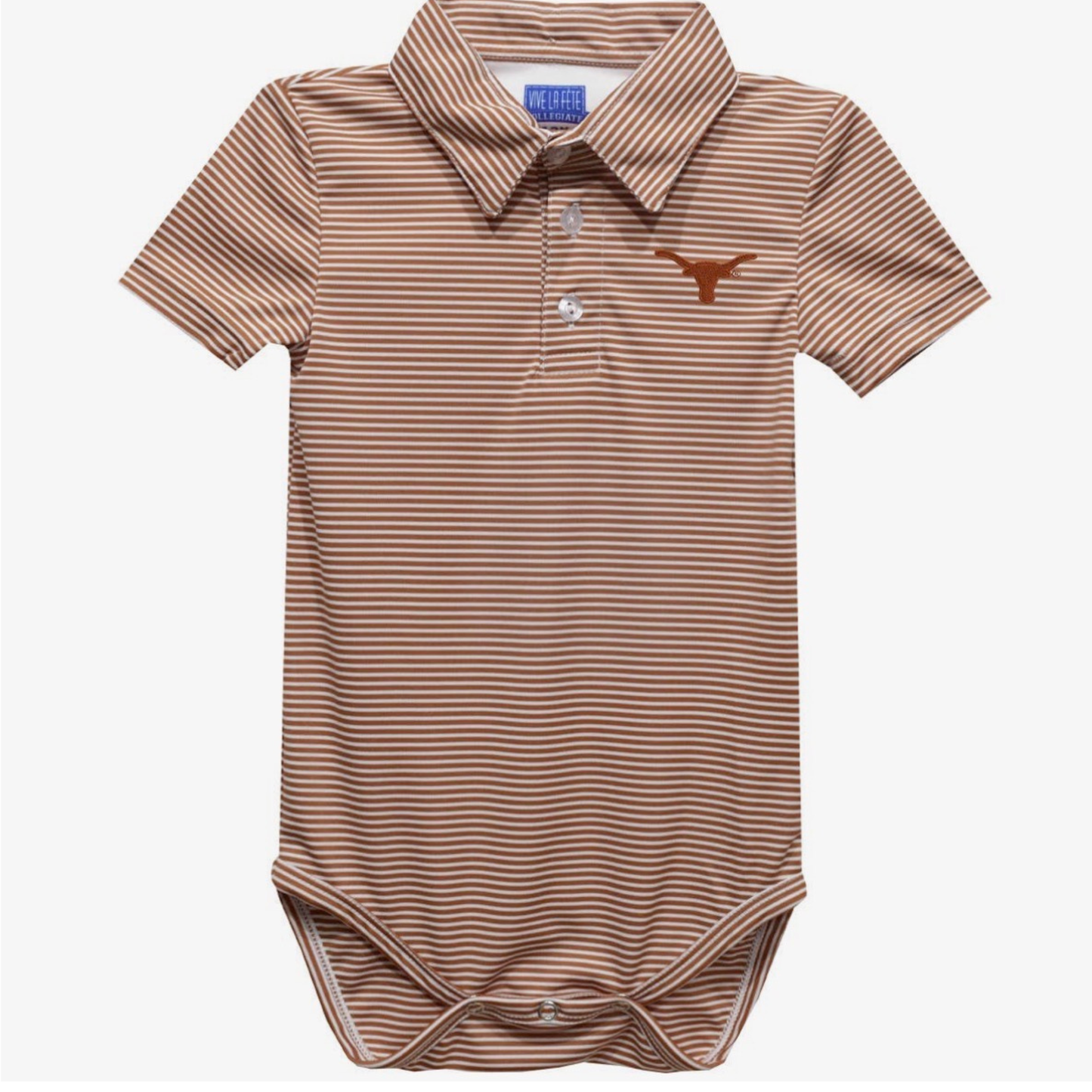 A short-sleeve baby polo bodysuit by Port & Company, featuring thin brown and beige horizontal stripes, a brown embroidered Longhorn logo on the left chest, and a three-button collar.