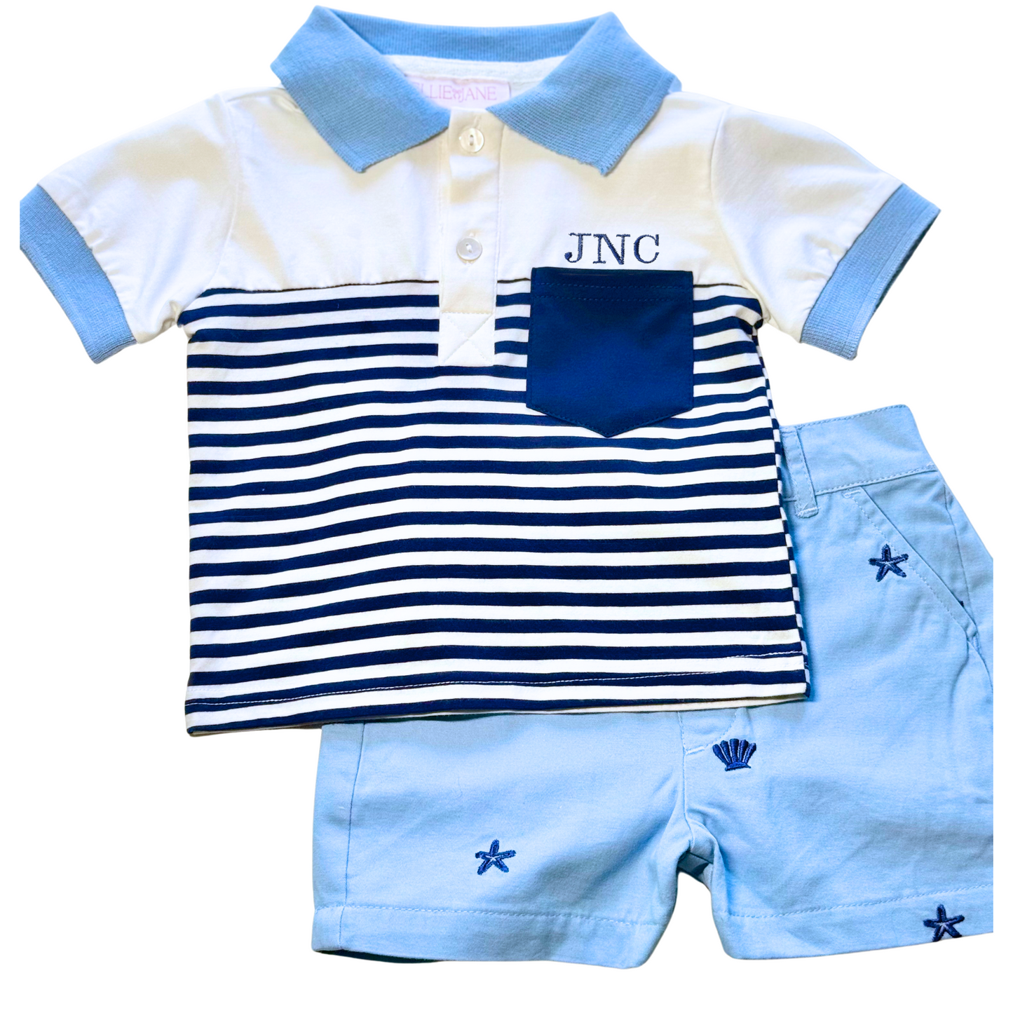 Embroidered Blue & White Beach Short Set