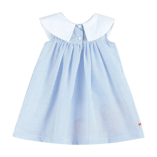 A baby girl's sleeveless dress featuring a light blue and white vertical stripe body with a solid white Peter Pan collar and a buttoned neckline.