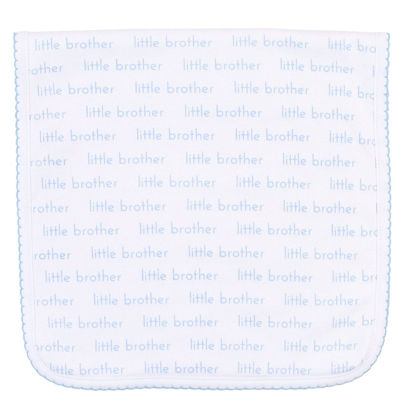 Baby burb cloth with 'little brother' text on a light blue background Pima cotton Blue Picot Trim
