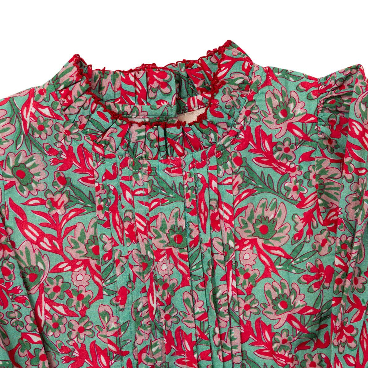 Close-up of a floral patterned fabric with red and green colors.
