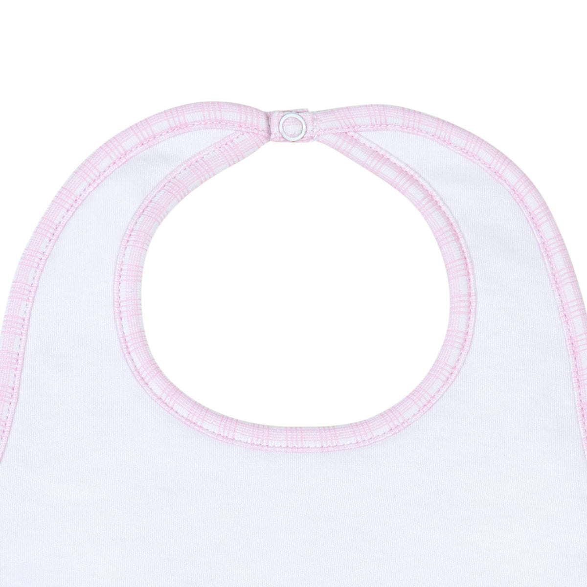 White bib with pink trim on a white background