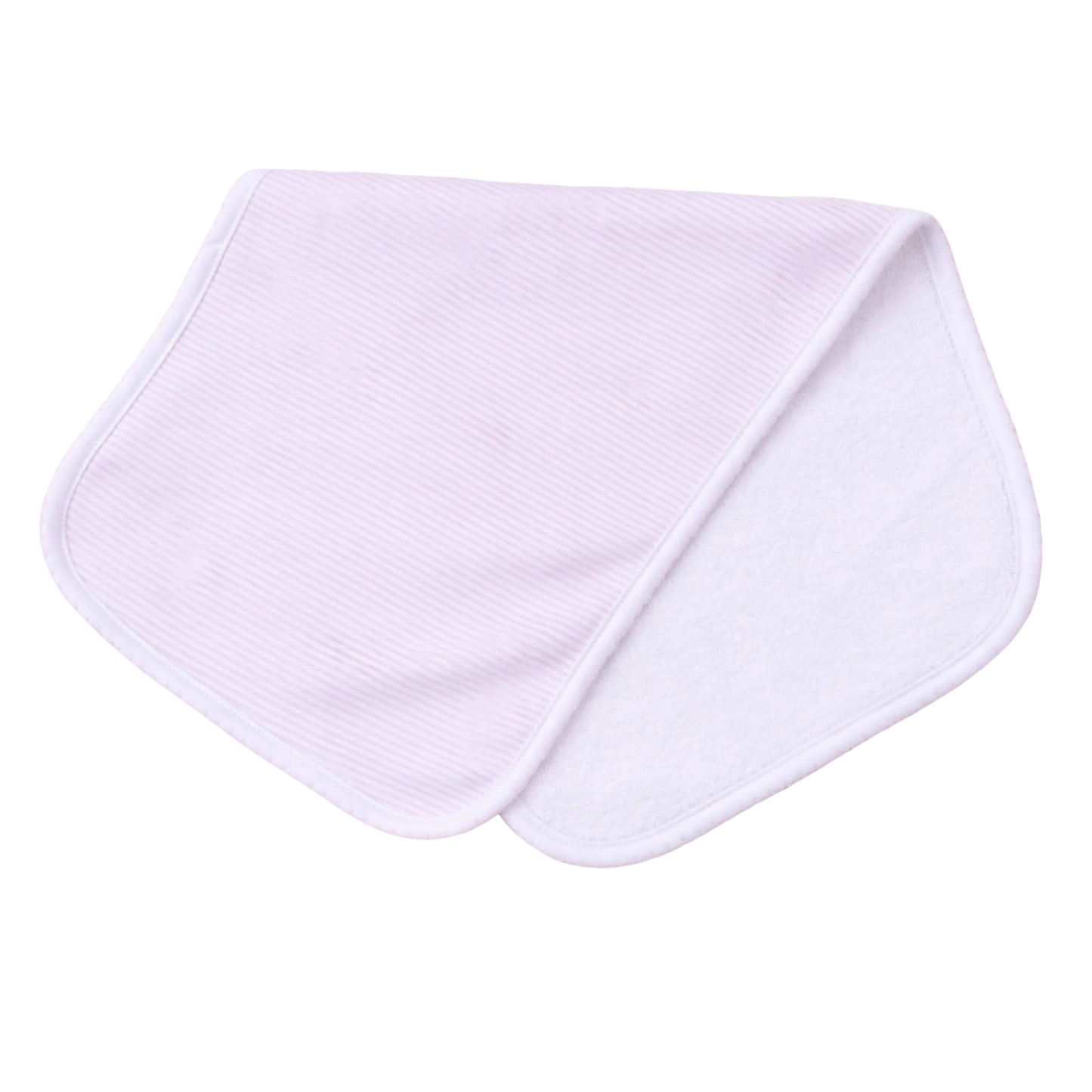 Pink and white stripe burp cloth on a white background