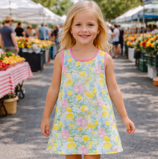 Young girl in a colorful dress standing at an outdoor market.