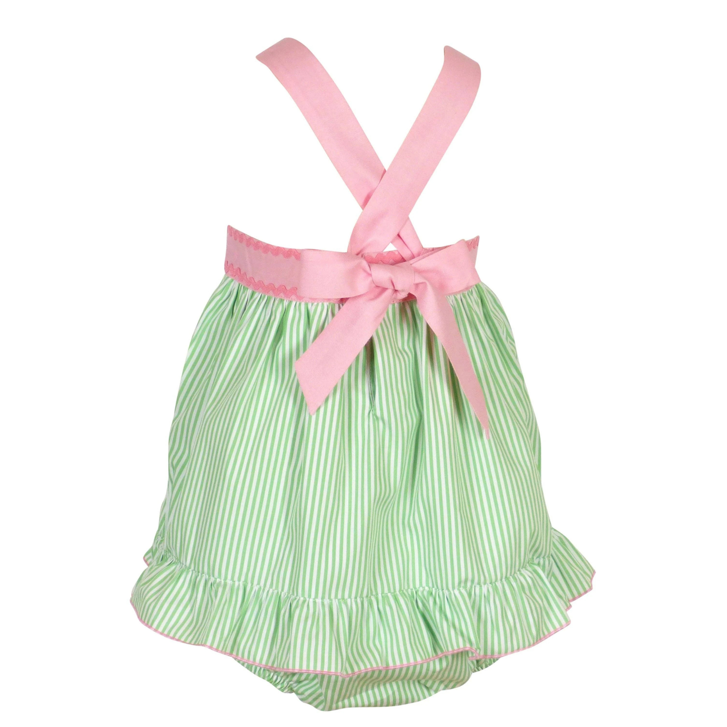 Green and white striped baby romper with pink ribbon on a white background