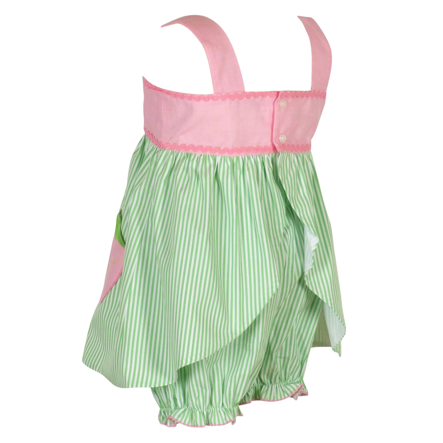 Green and pink striped dress with ruffled hem on a white background