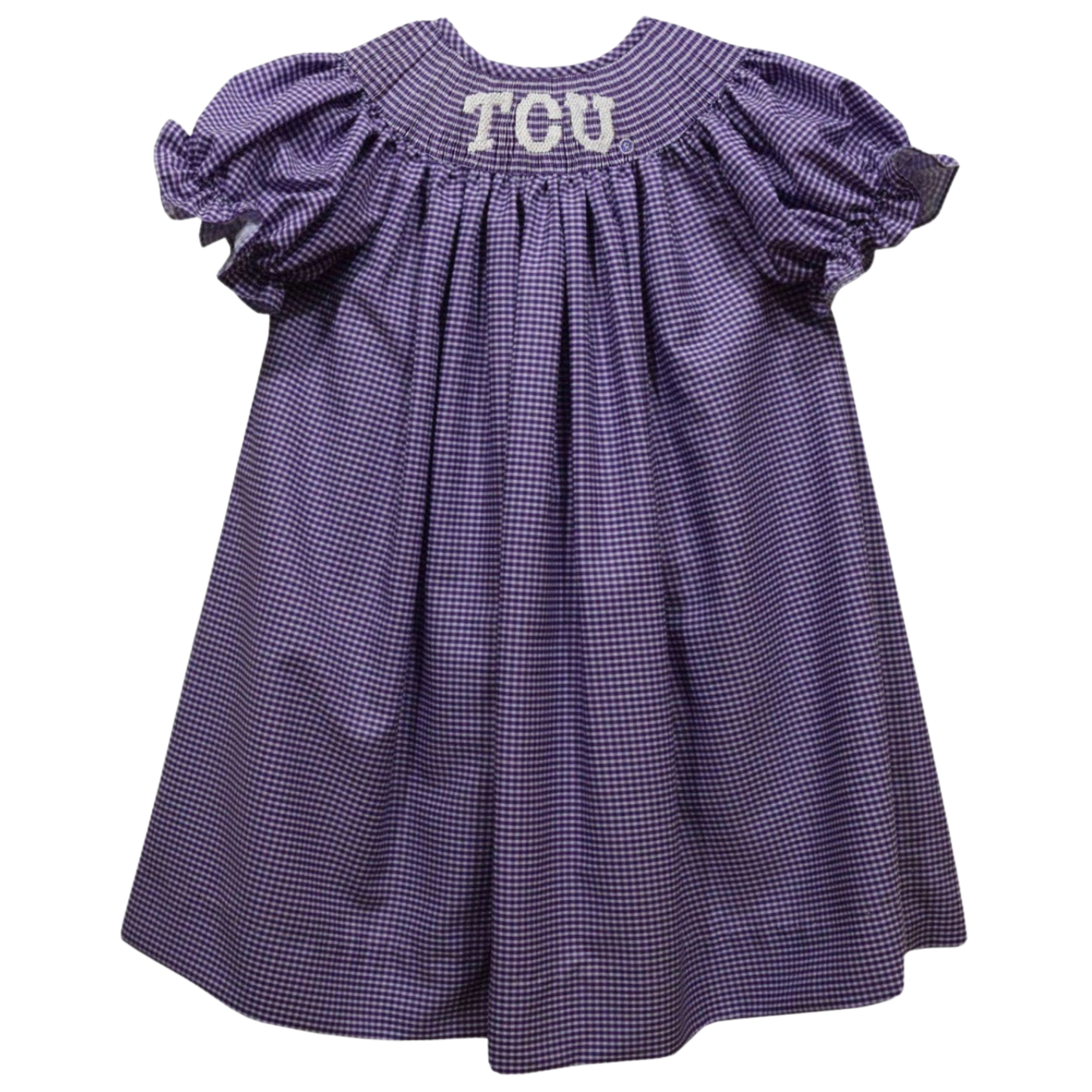 A purple and white gingham baby dress with puffed cap sleeves and 'TOU' embroidered in white on the back neckline, shown against a plain white background.