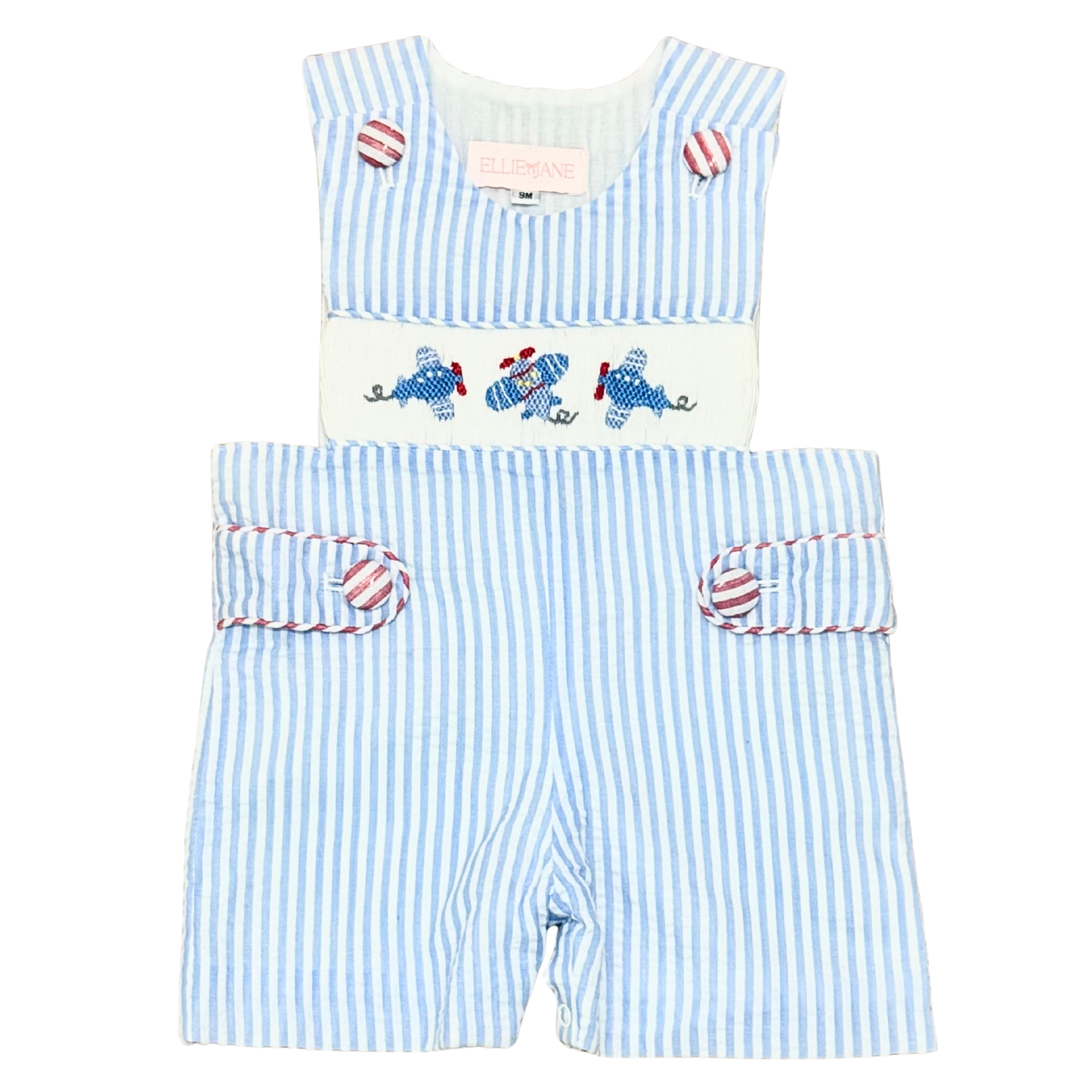 Blue and white striped baby romper with airplane design on a white background