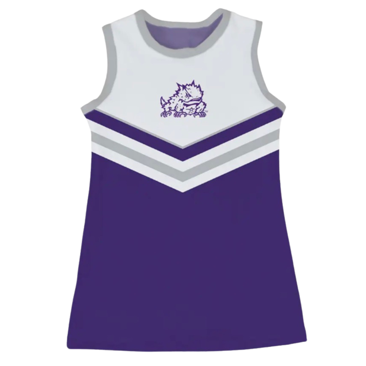 A sleeveless purple and white cheerleader dress with a purple and white chevron pattern, a purple mascot logo on the chest, and gray trim, shown on a plain white background.