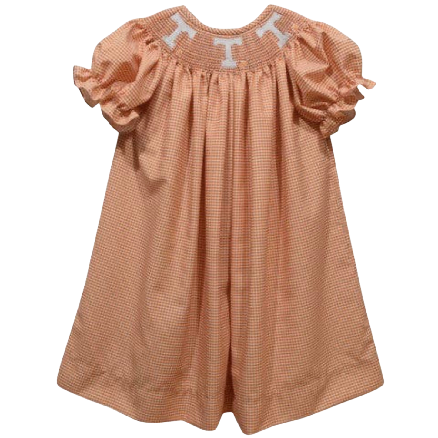 A toddler girl's short-sleeve romper in a peach and white gingham pattern, featuring puff sleeves and a smocked neckline with white embroidered letters.