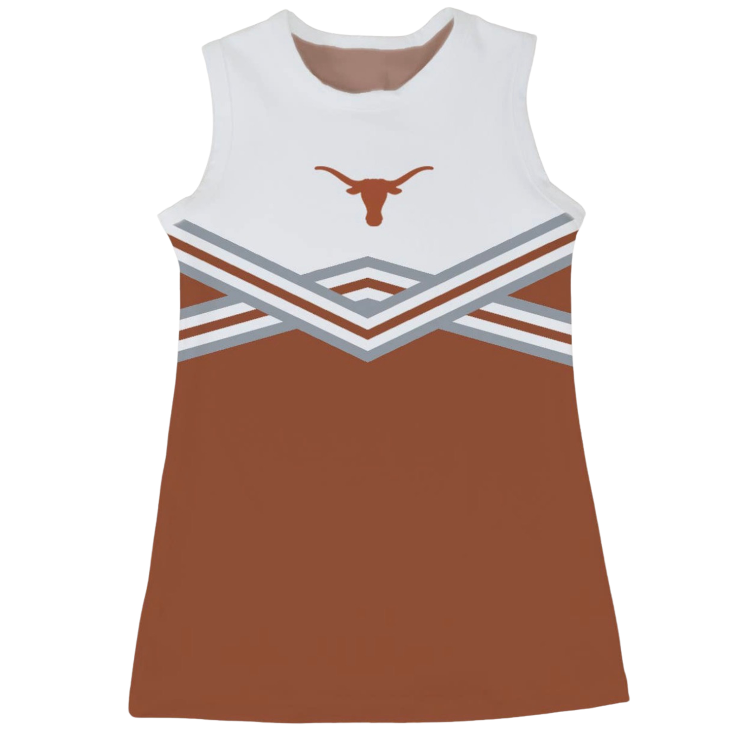 A sleeveless white and rust-orange cheerleader-style top with a brown Texas Longhorns logo on the chest and chevron stripes in white, brown, and gray.