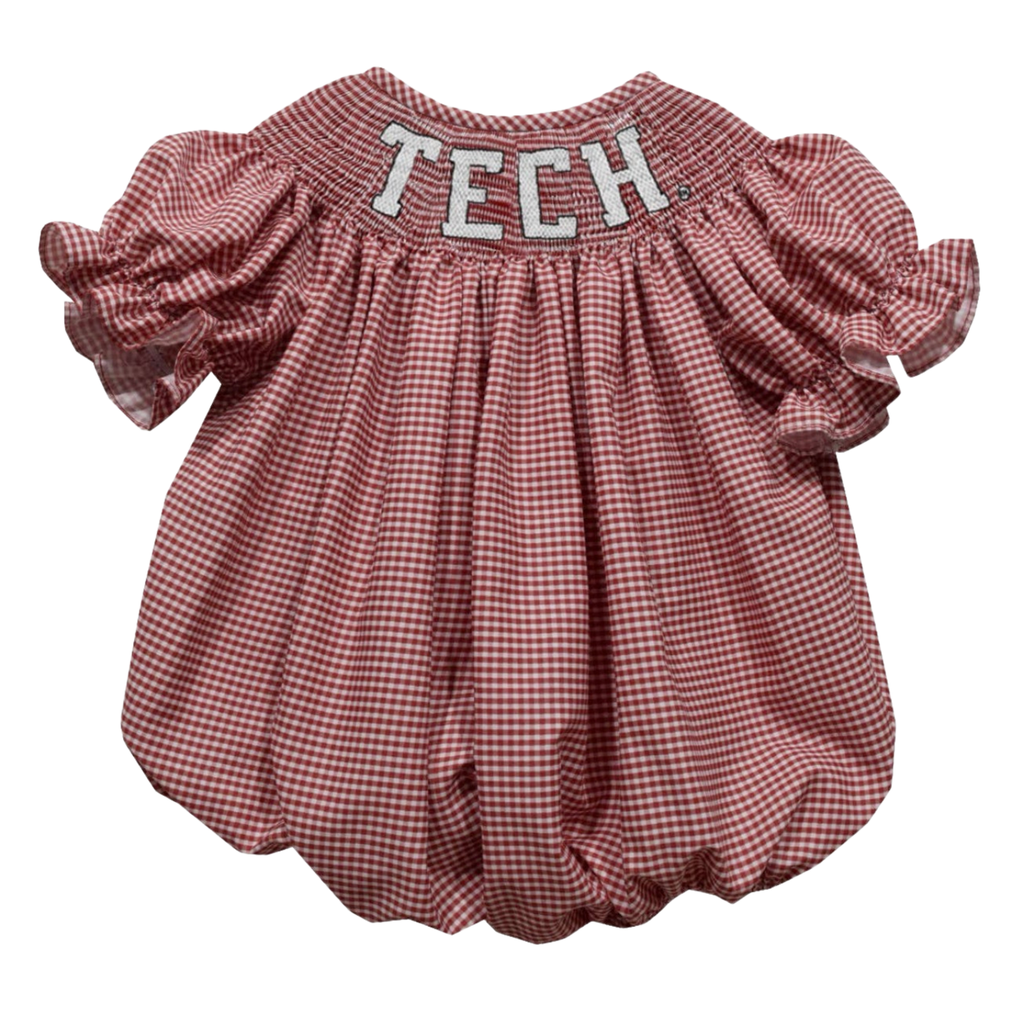 A toddler girl's short-sleeve romper in a red and white gingham pattern, featuring a smocked neckline with 'TECH' embroidered in white letters with a red outline.