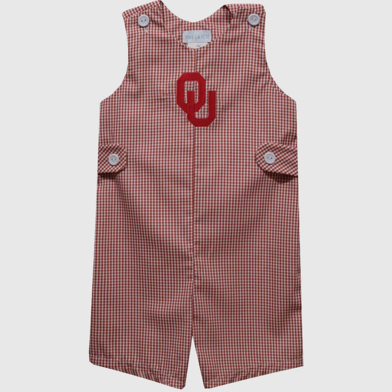 Red and white checkered romper with a logo on a white background