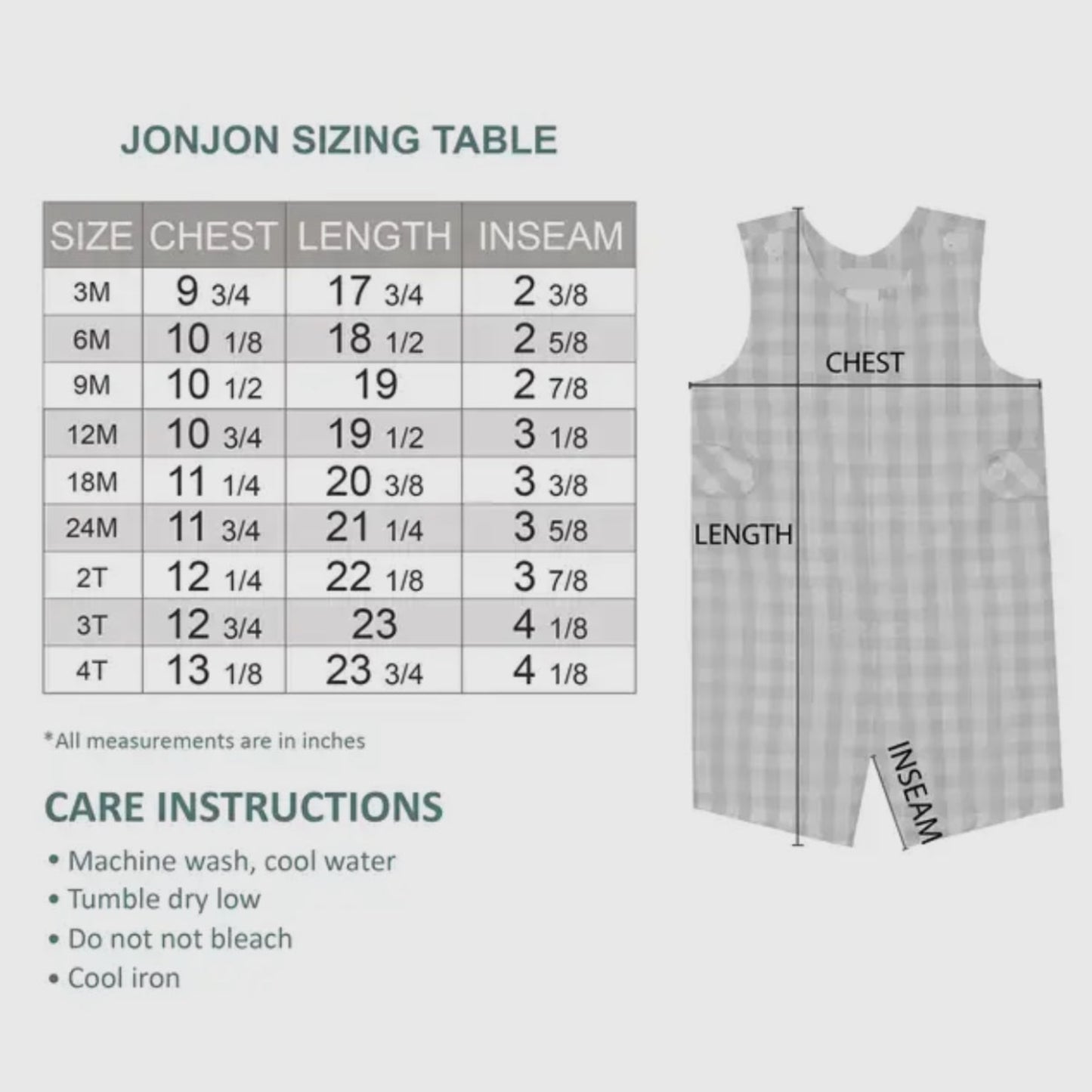 Sizing chart and tank top with care instructions on a white background