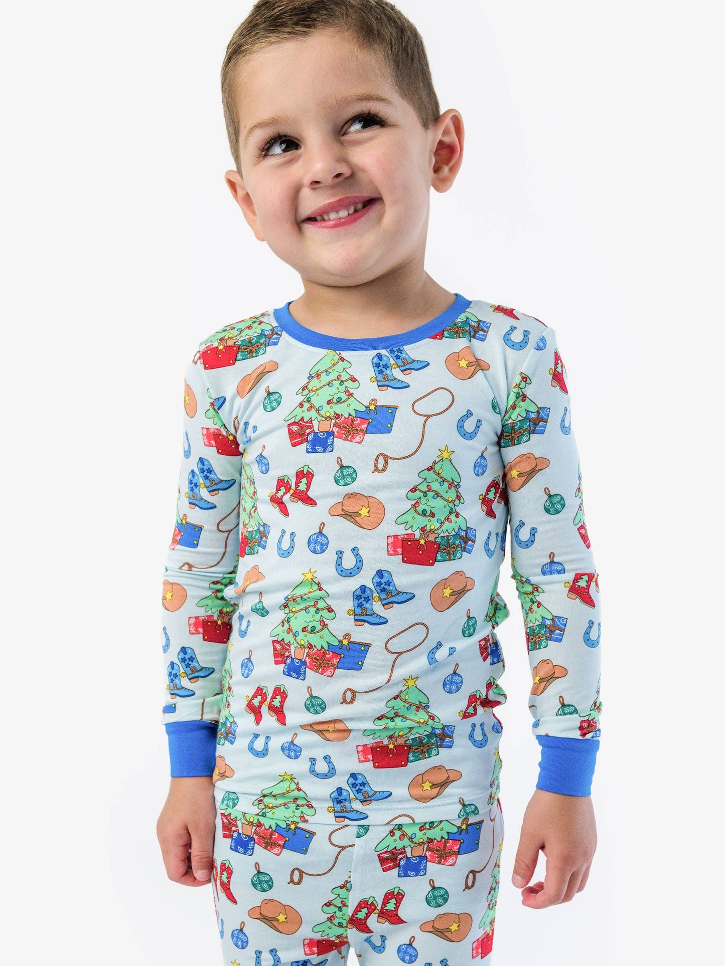 SoftSnooze™ Kids Bamboo Viscose Blue Yuletide Yeehaw Long Sleeve Pajama Set