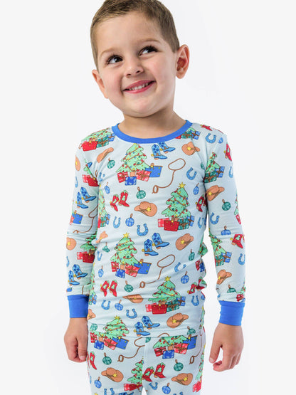 SoftSnooze™ Kids Bamboo Viscose Blue Yuletide Yeehaw Long Sleeve Pajama Set