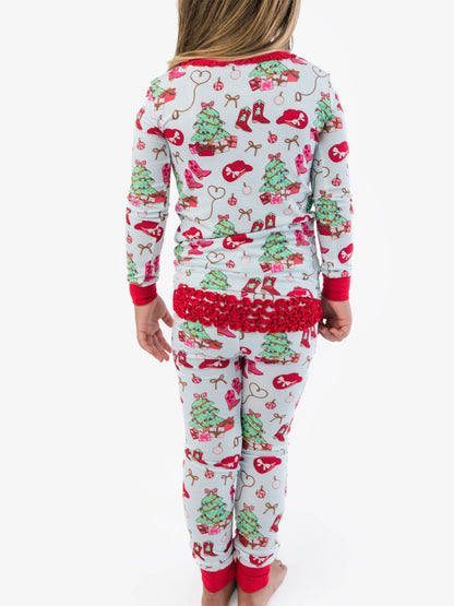 SoftSnooze™ Toddler Girls Bamboo Viscose Red Yuletide Yeehaw Ruffle Long Sleeve Pajama Set with Signature Rear Ruffles