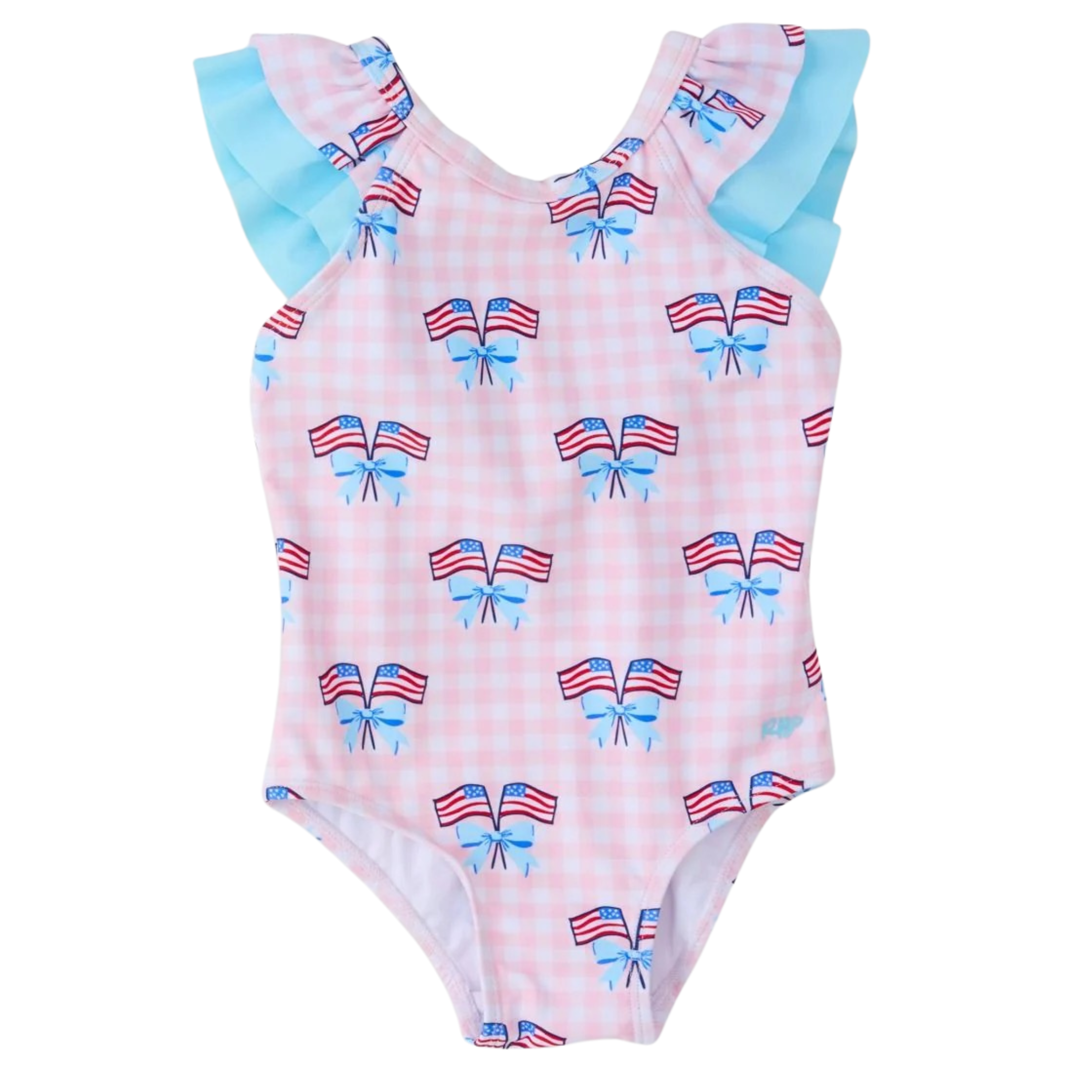 Girls Pink Patriotic Gingham Bow V-Back One Piece Swimsuit