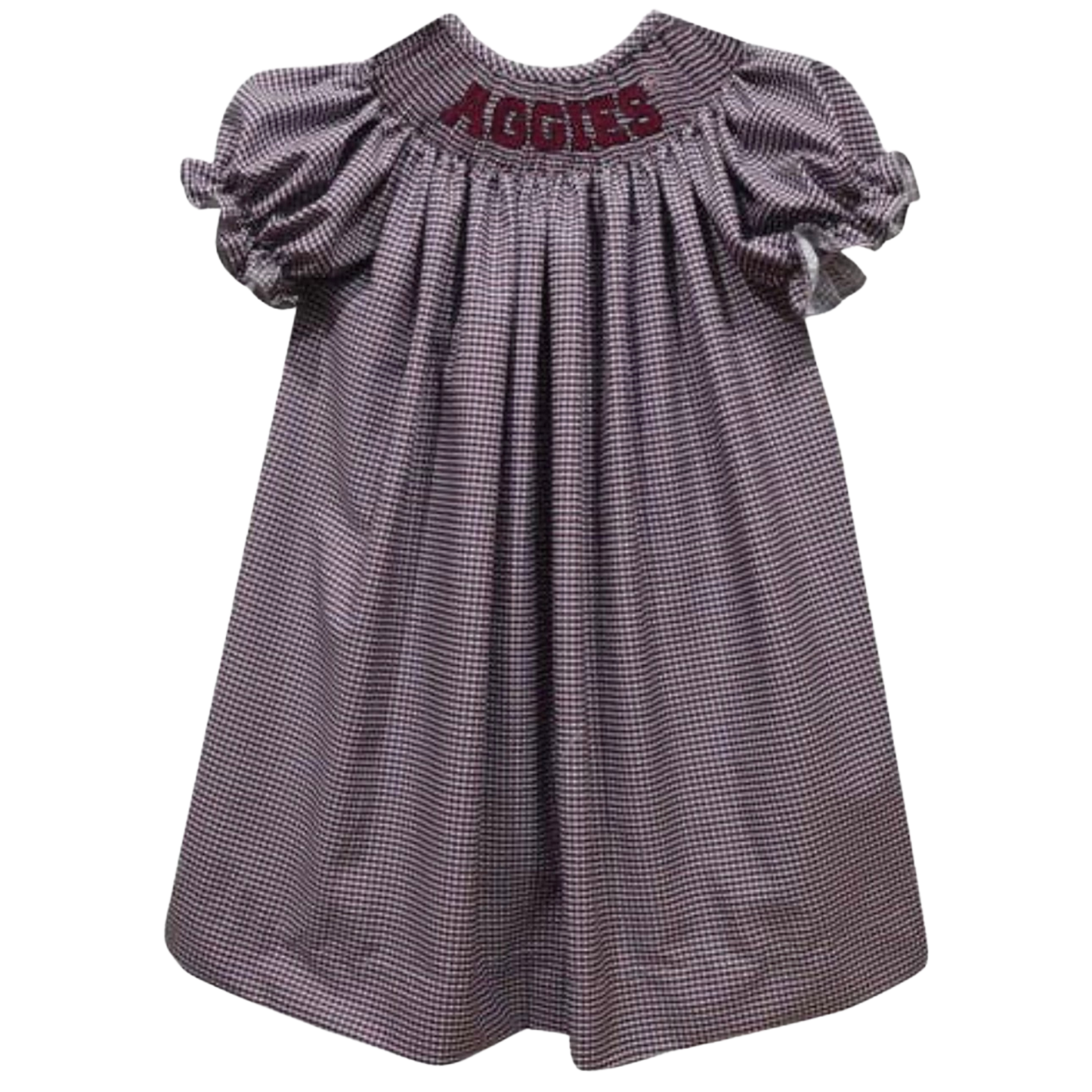 A toddler girl's smocked dress with a small purple and white gingham pattern, featuring puff sleeves and 'AGGIES' embroidered in maroon on the back neckline.