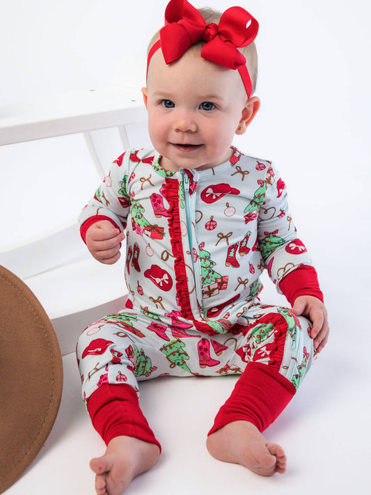 SoftSnooze™ Baby Girls Bamboo Viscose Red Yuletide Yeehaw Convertible Ruffle One Piece Footie Pajama