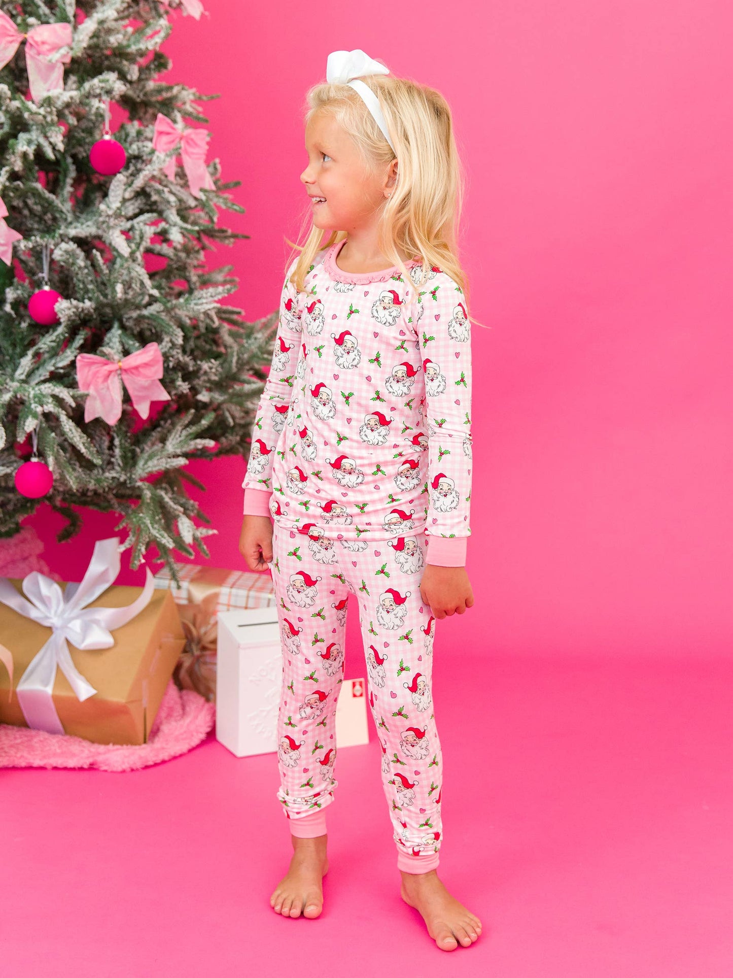 SoftSnooze™ Toddler Girls Bamboo Viscose Pink Dear Santa Ruffle Long Sleeve Pajama Set with Signature Rear Ruffles