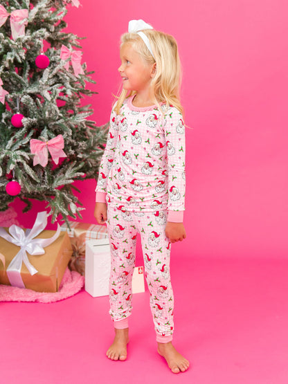 SoftSnooze™ Toddler Girls Bamboo Viscose Pink Dear Santa Ruffle Long Sleeve Pajama Set with Signature Rear Ruffles