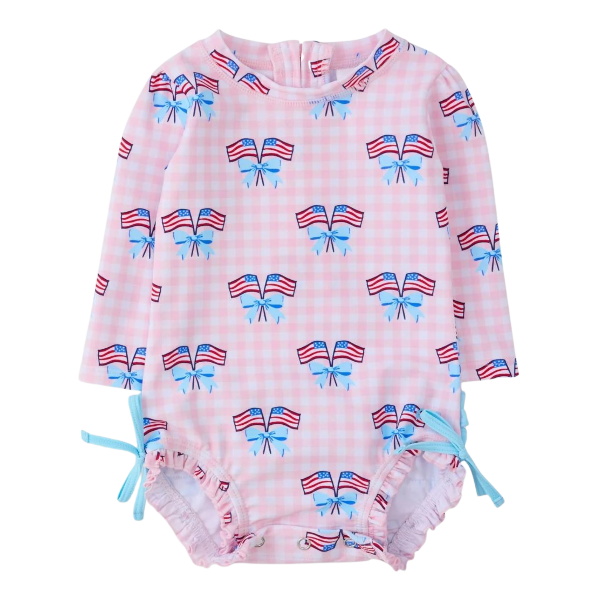 Baby Girls Pink Patriotic Gingham Long Sleeve Rash Guard Swimsuit