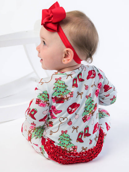 SoftSnooze™ Baby Girls Bamboo Viscose Red Yuletide Yeehaw Convertible Ruffle One Piece Footie Pajama