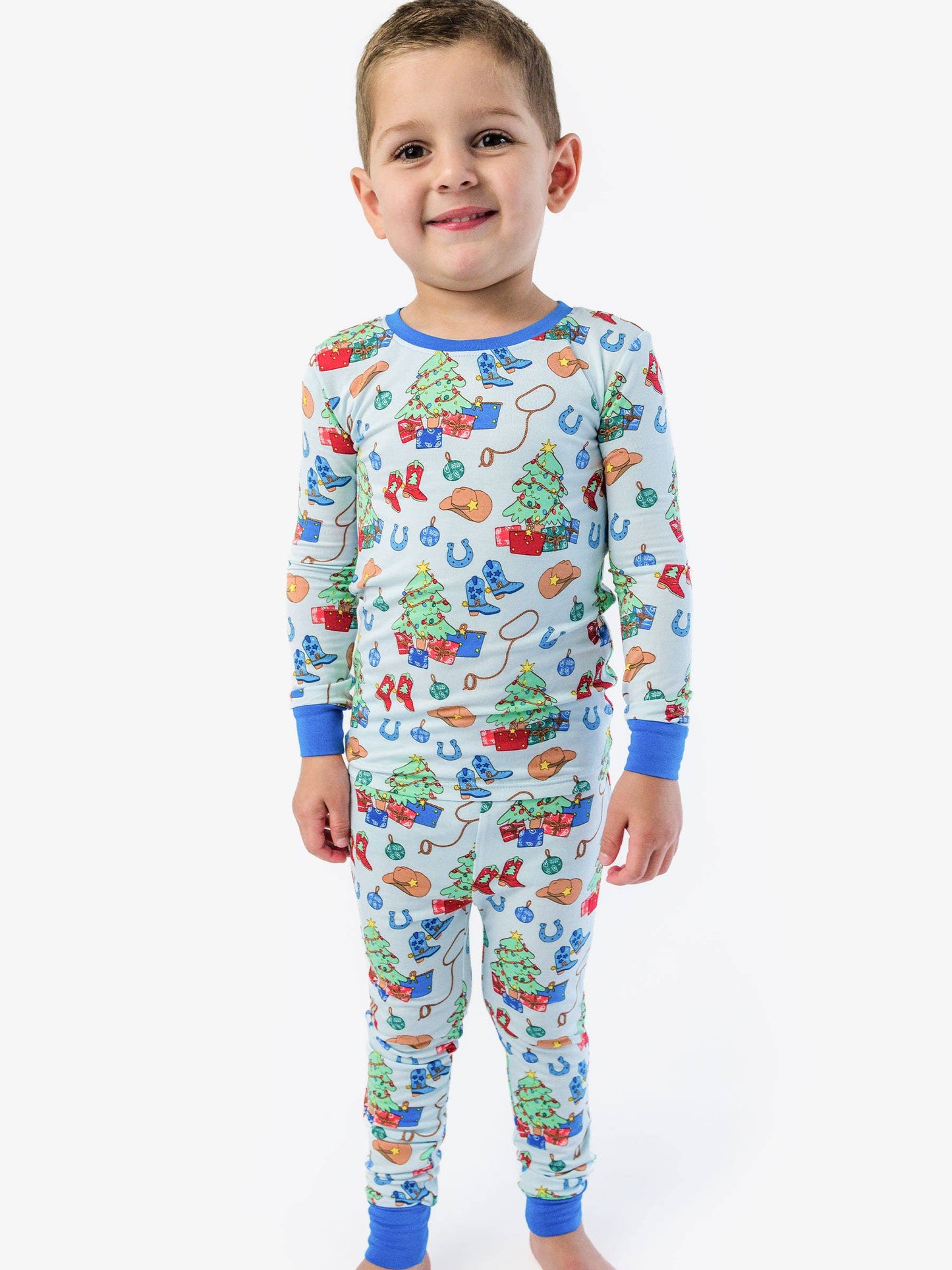 SoftSnooze™ Kids Bamboo Viscose Blue Yuletide Yeehaw Long Sleeve Pajama Set