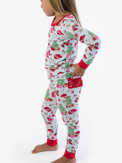 SoftSnooze™ Toddler Girls Bamboo Viscose Red Yuletide Yeehaw Ruffle Long Sleeve Pajama Set with Signature Rear Ruffles