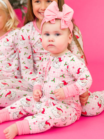 SoftSnooze™ Baby Girls Bamboo Viscose Pink Dear Santa Convertible Ruffle One Piece Footie Pajama