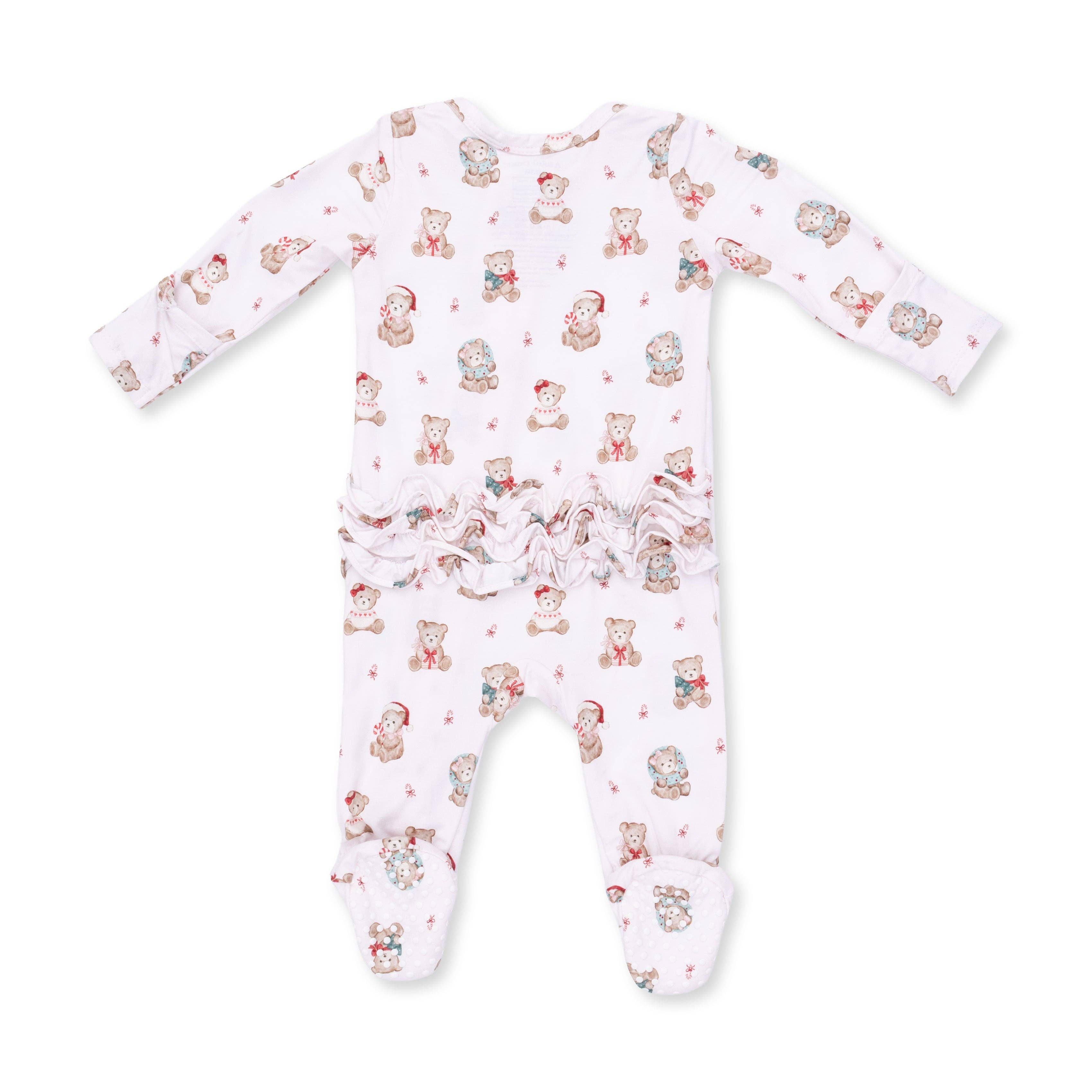 Christmas Teddy Bears Pink - 2 Way Ruffle Back Zipper Footie
