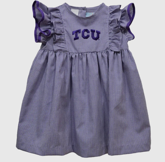 TCU Embroidered Gingham Girl's Ruffle Dress