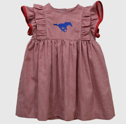 SMU Mustangs Embroidered Gingham Girl's Ruffle Dress