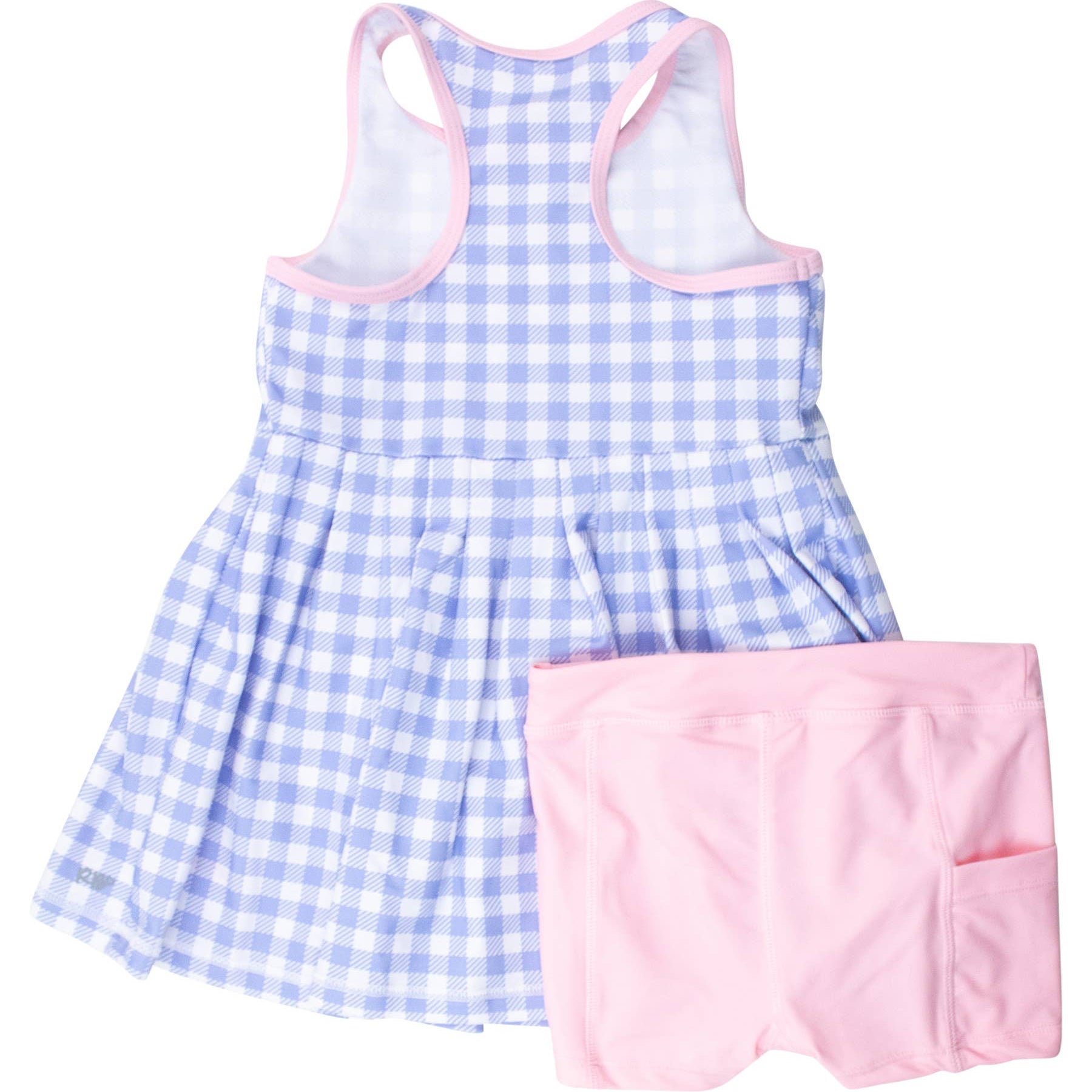 Blue and pink checkered dress with matching shorts on a white background