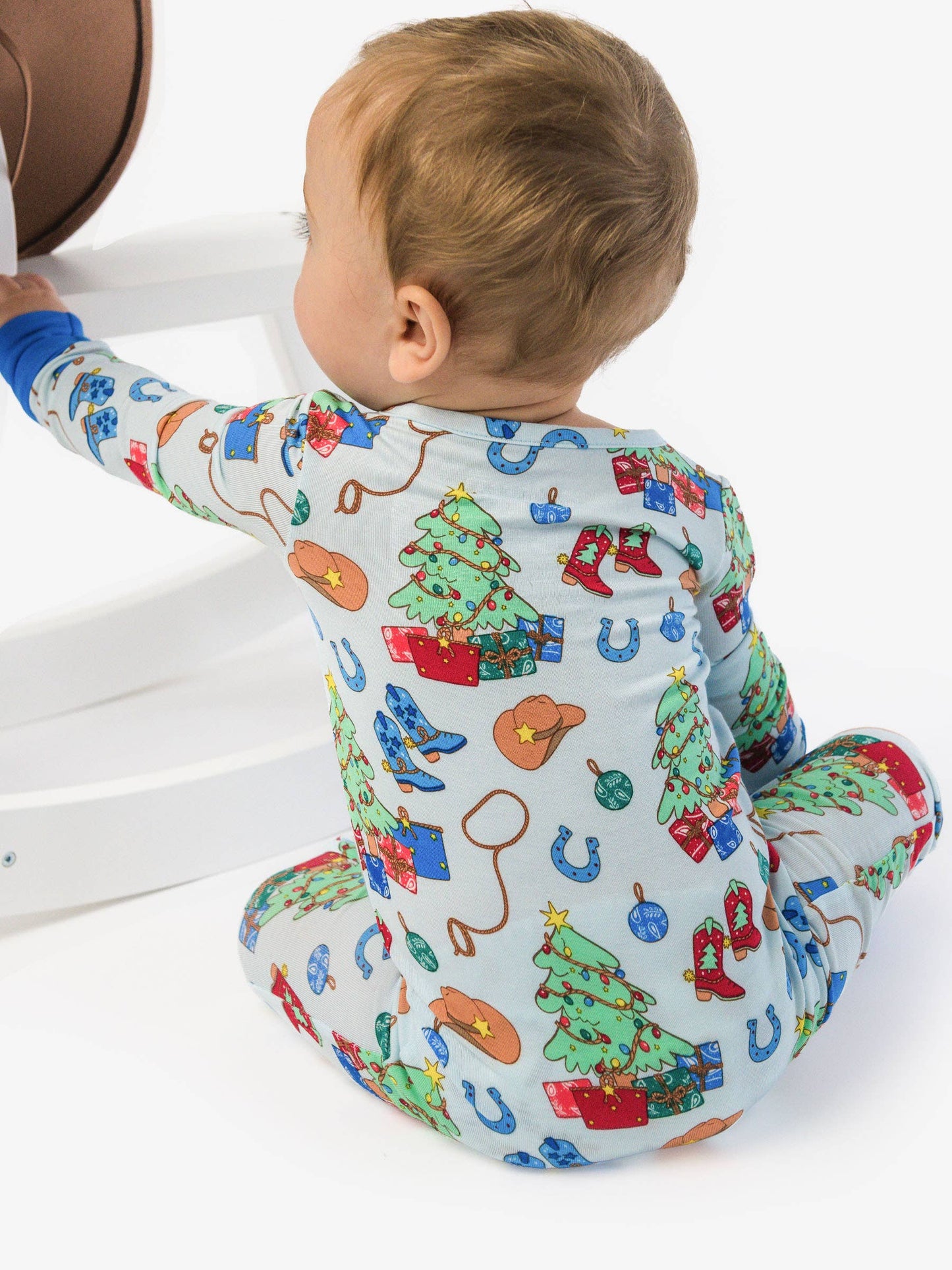 SoftSnooze™ Baby Bamboo Viscose Blue Yuletide Yeehaw Convertible One Piece Footie Pajama