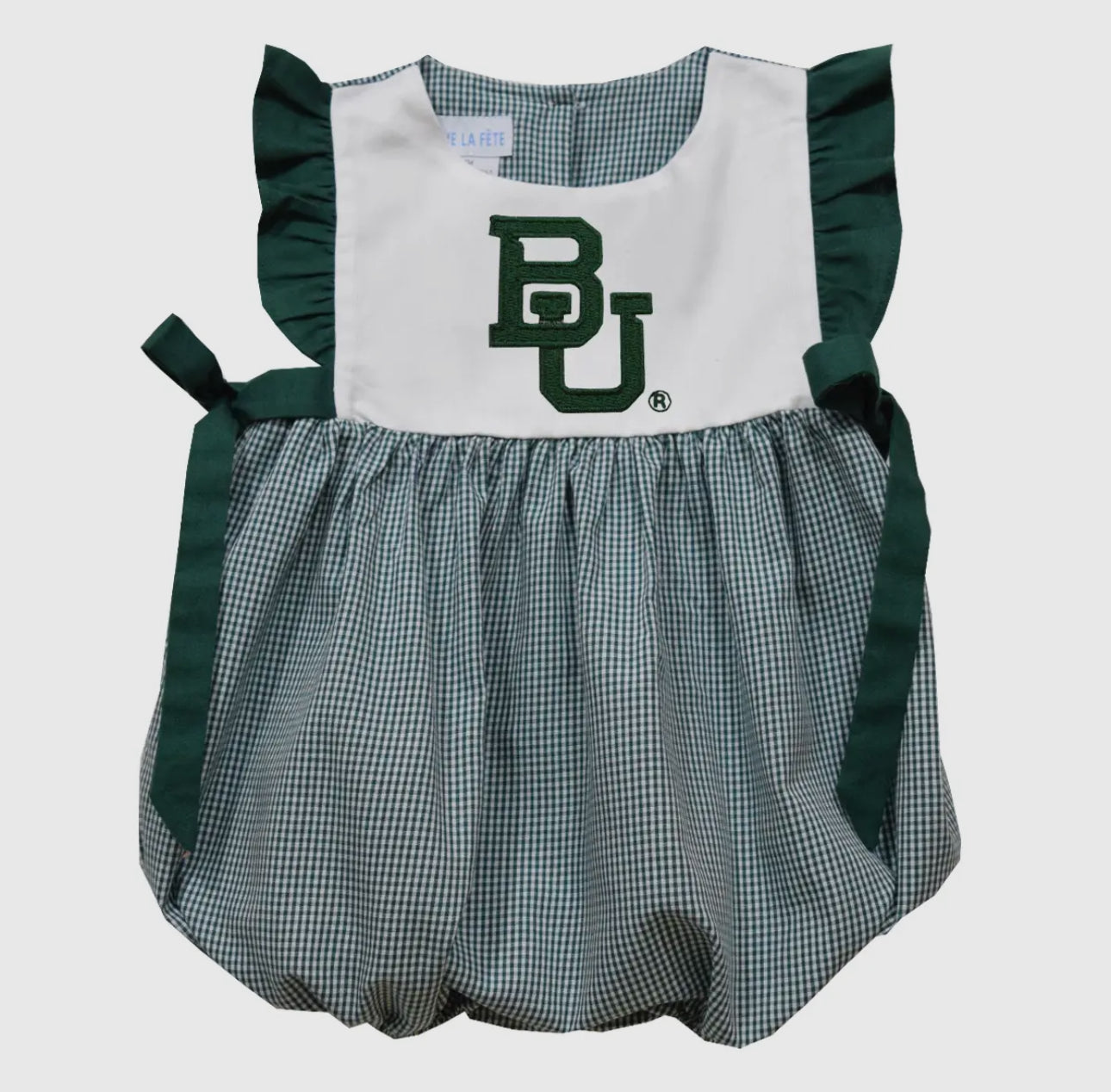 Baby romper with Baylor University logo on a white background