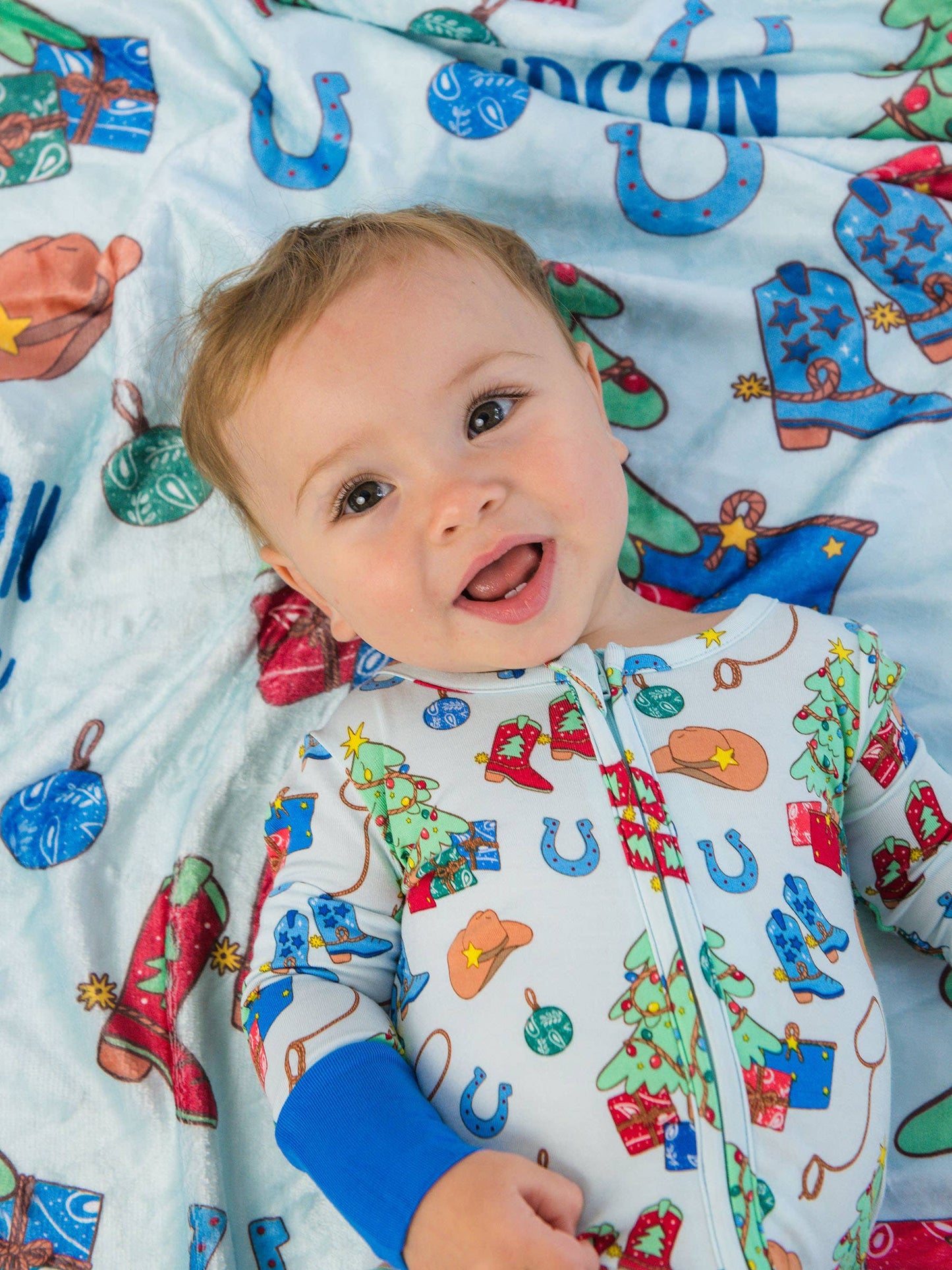 SoftSnooze™ Baby Bamboo Viscose Blue Yuletide Yeehaw Convertible One Piece Footie Pajama