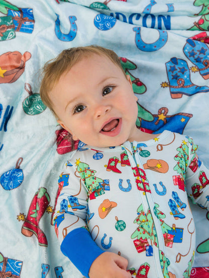 SoftSnooze™ Baby Bamboo Viscose Blue Yuletide Yeehaw Convertible One Piece Footie Pajama